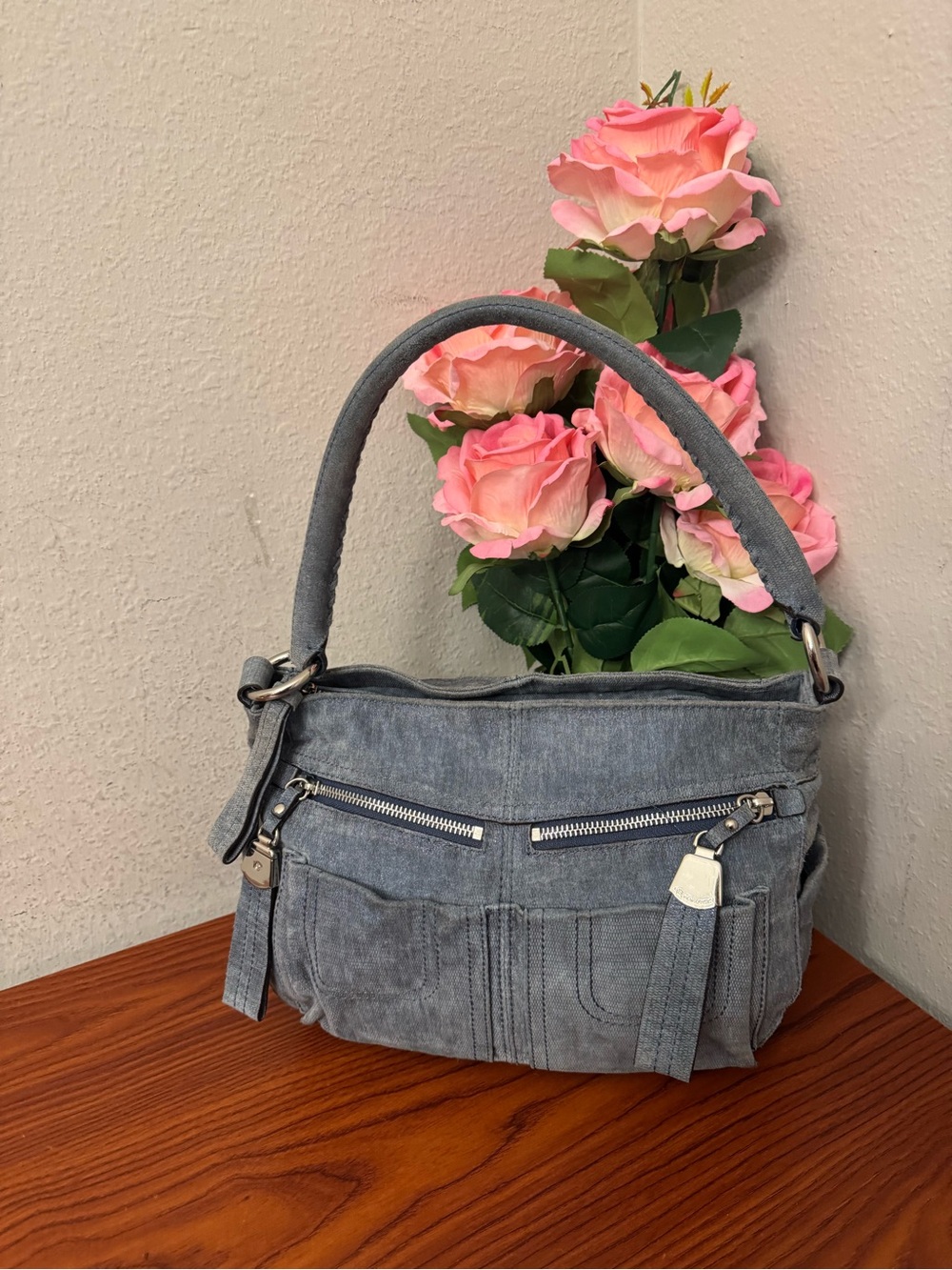 Everyday Denim-Style Shoulder Bag in Light Blue